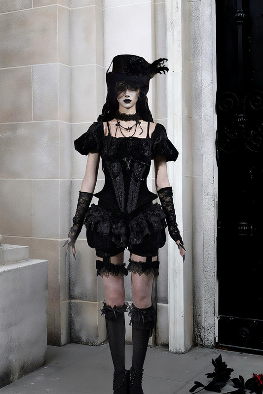 Nocturne Ruffle Bloomers | Gothic Lace Shorts with Detachable Garters, Victorian Baroque Ruffled Lingerie, Dark Romantic Outfit