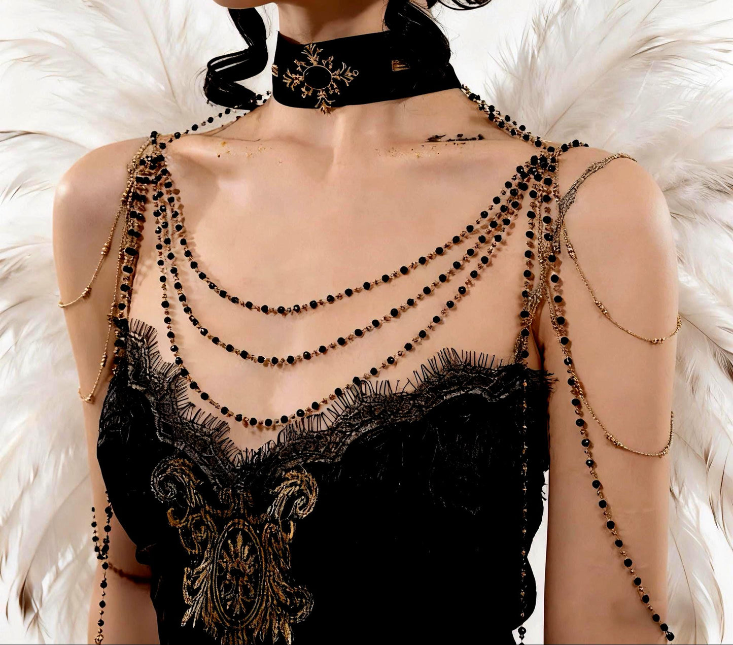 Gothic Velvet Choker with Beaded Shoulder Chains – Multi-Layer Crystal Draped Necklace, Baroque Victorian Statement Jewelry