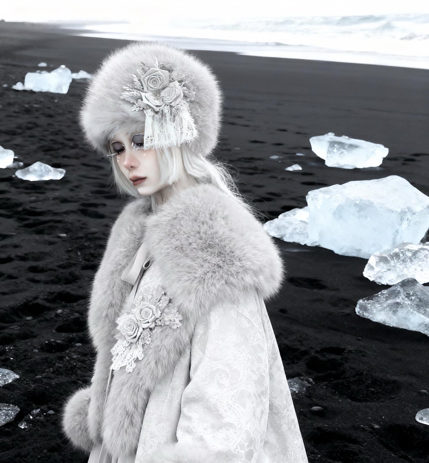 Gothic Faux Fur Winter Hat – Warm Lace Rose Headpiece, Victorian Lolita Cosplay Headdress, Halloween Costume Accessory, gift for cosplayer