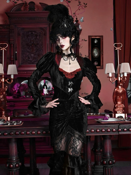 Countess of Dracula Gothic Set | Velvet Vampire Jacket & Lace Mermaid Skirt, Victorian Holiday Outfit, Dark Aristocrat Christmas Costume
