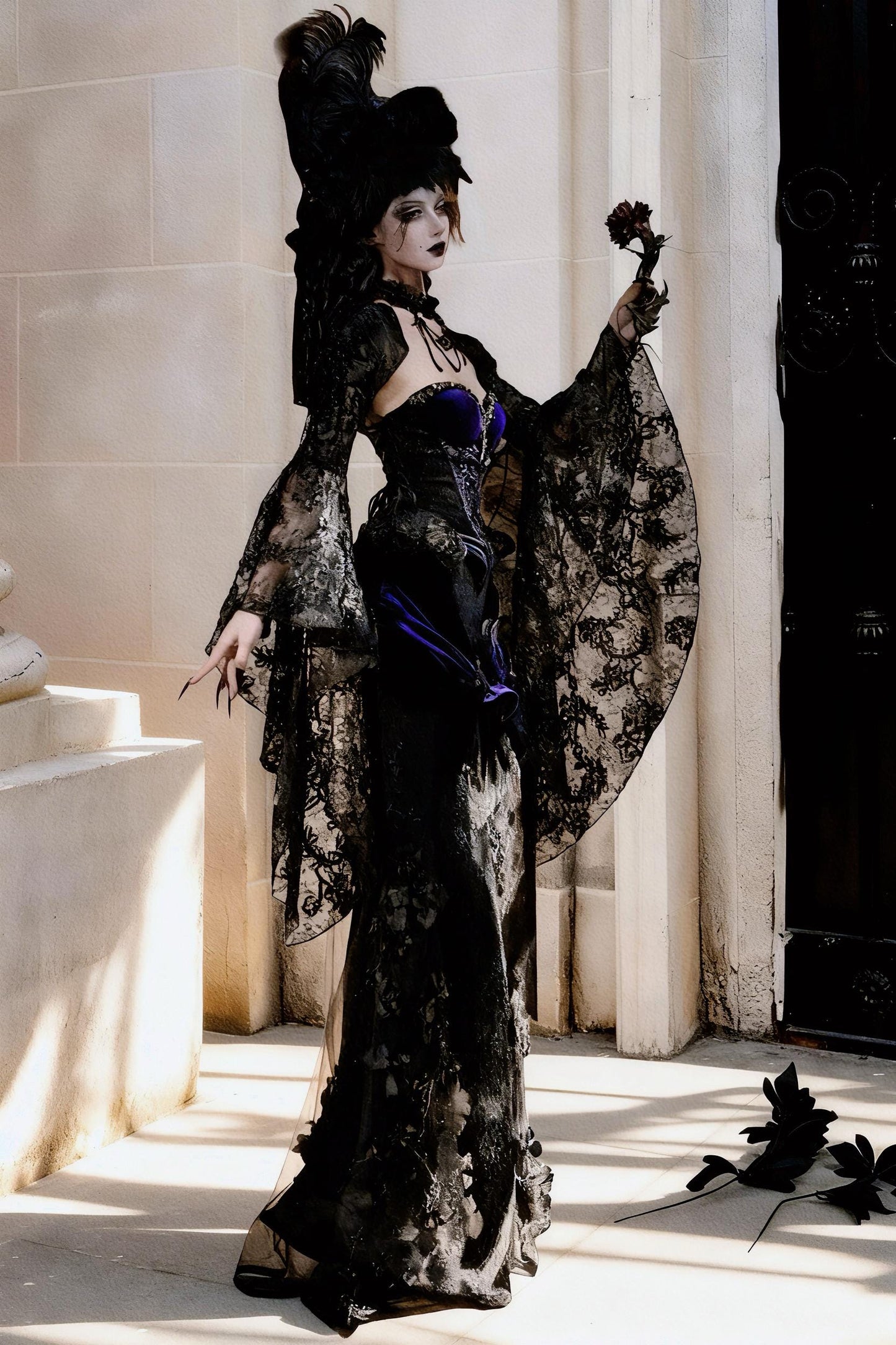 Nocturnal Siren Gothic Two-Piece Set | Velvet Corset & Embroidered Mermaid Skirt, Dark Romance Victorian Outfit, Holiday Gothic Ball Gown