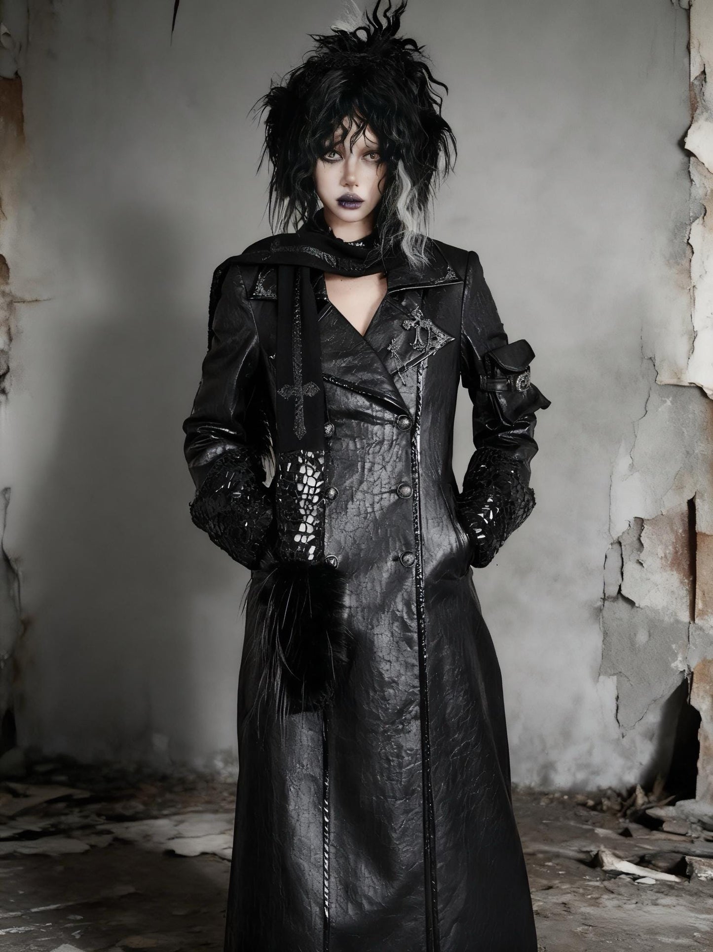 Gothic Black Trench Coat | Double Breasted Vegan Leather Overcoat with Fleece Lining, Steampunk Witch Outerwear, Punk Coat