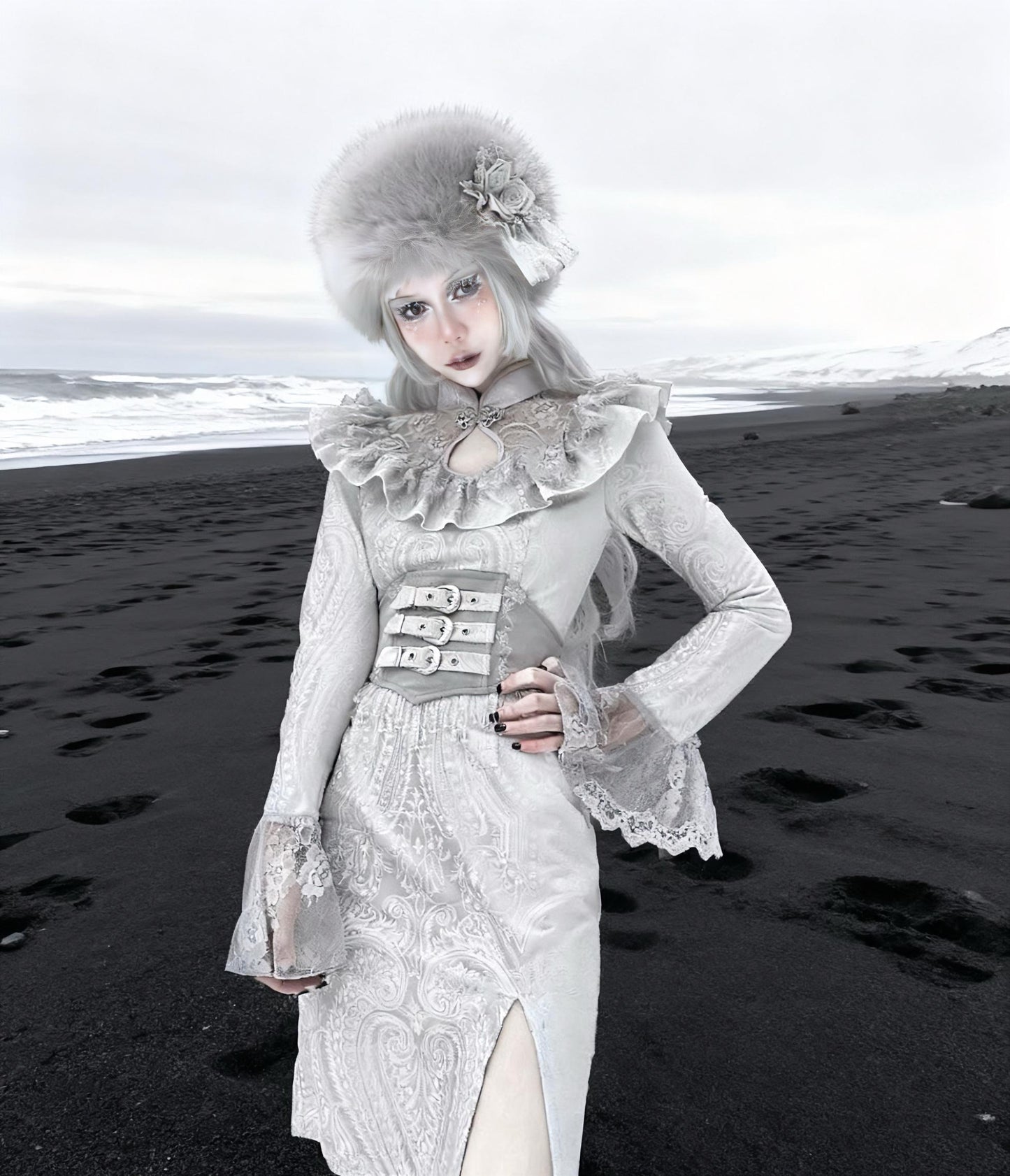 Gothic Faux Fur Winter Hat – Warm Lace Rose Headpiece, Victorian Lolita Cosplay Headdress, Halloween Costume Accessory, gift for cosplayer