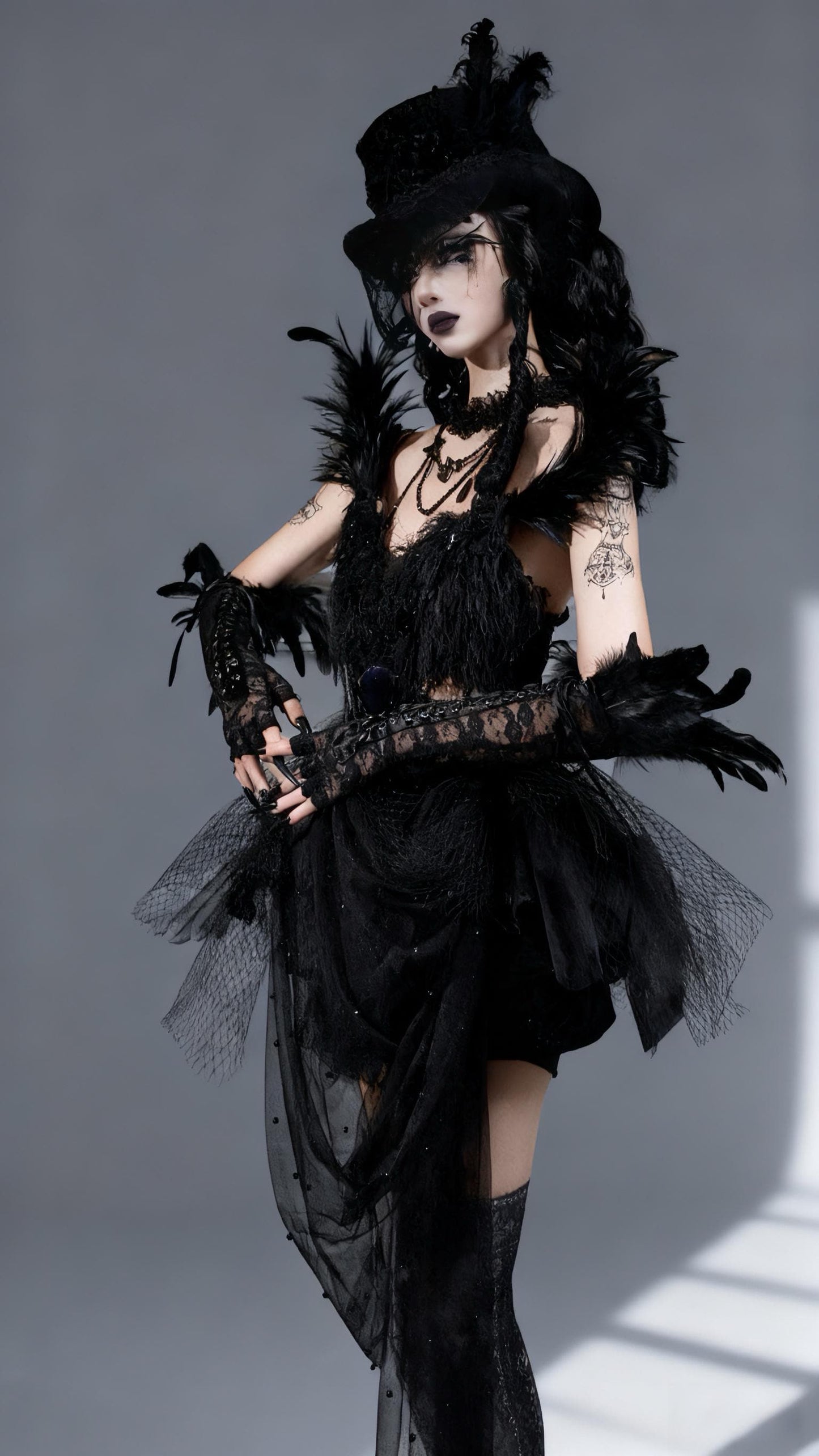 Dark Swan Gothic Feather Tutu Corset Dress with Detachable Beaded Necklace, Black Feather Ballet Dress, Couture Mini Dress