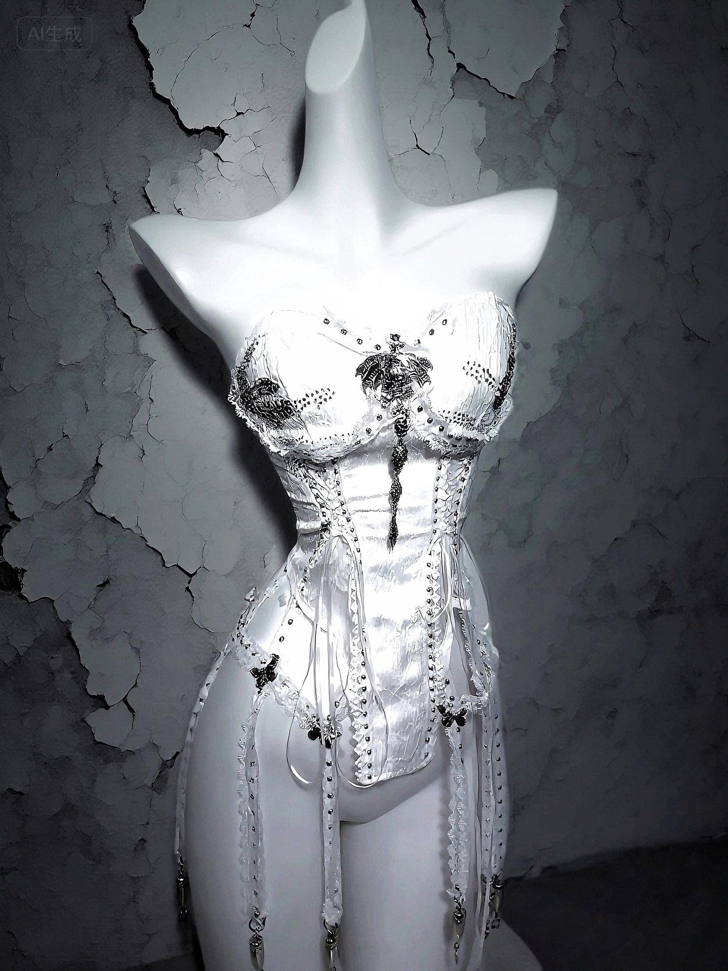 White Gothic Corset: Skull & Butterfly Bustier with Silver Chains, Dark Bride Halloween Costume, Xmas angel Cosplay Outfit