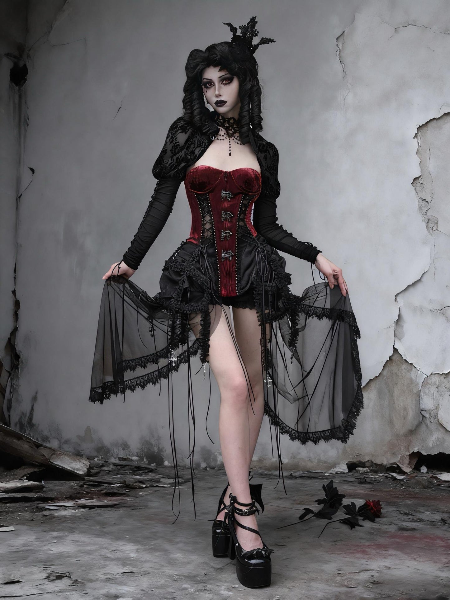 Xmas Countess Gothic Corset 3 Pieces Set, Red Velvet and Black Lace Cage Skirt, Medieval Gothic Bustier with Cross Charms & Baroque Hooks