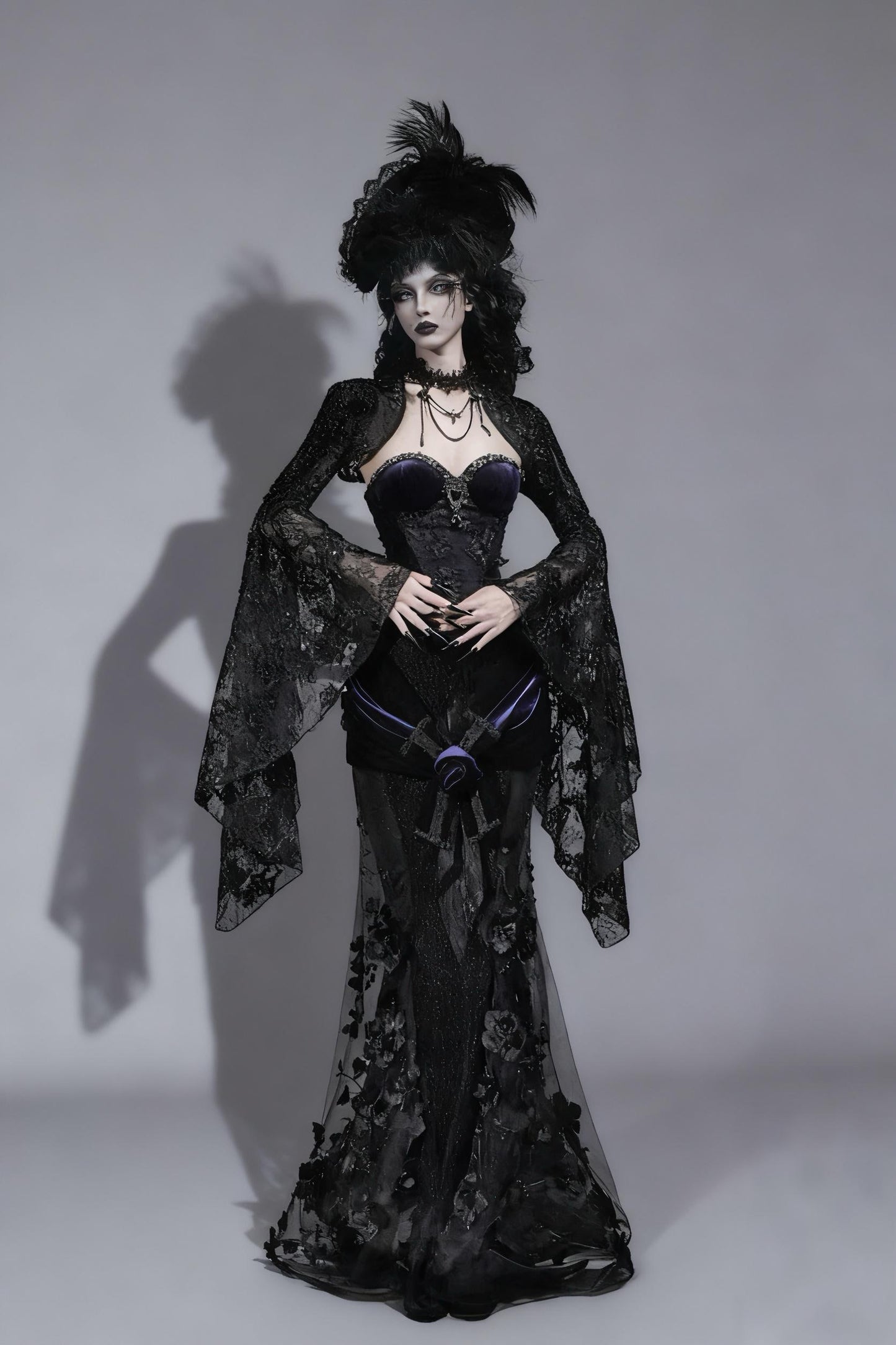 Nocturnal Siren Gothic Two-Piece Set | Velvet Corset & Embroidered Mermaid Skirt, Dark Romance Victorian Outfit, Holiday Gothic Ball Gown