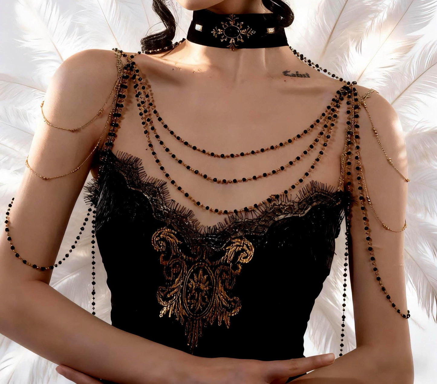 Gothic Velvet Choker with Beaded Shoulder Chains – Multi-Layer Crystal Draped Necklace, Baroque Victorian Statement Jewelry