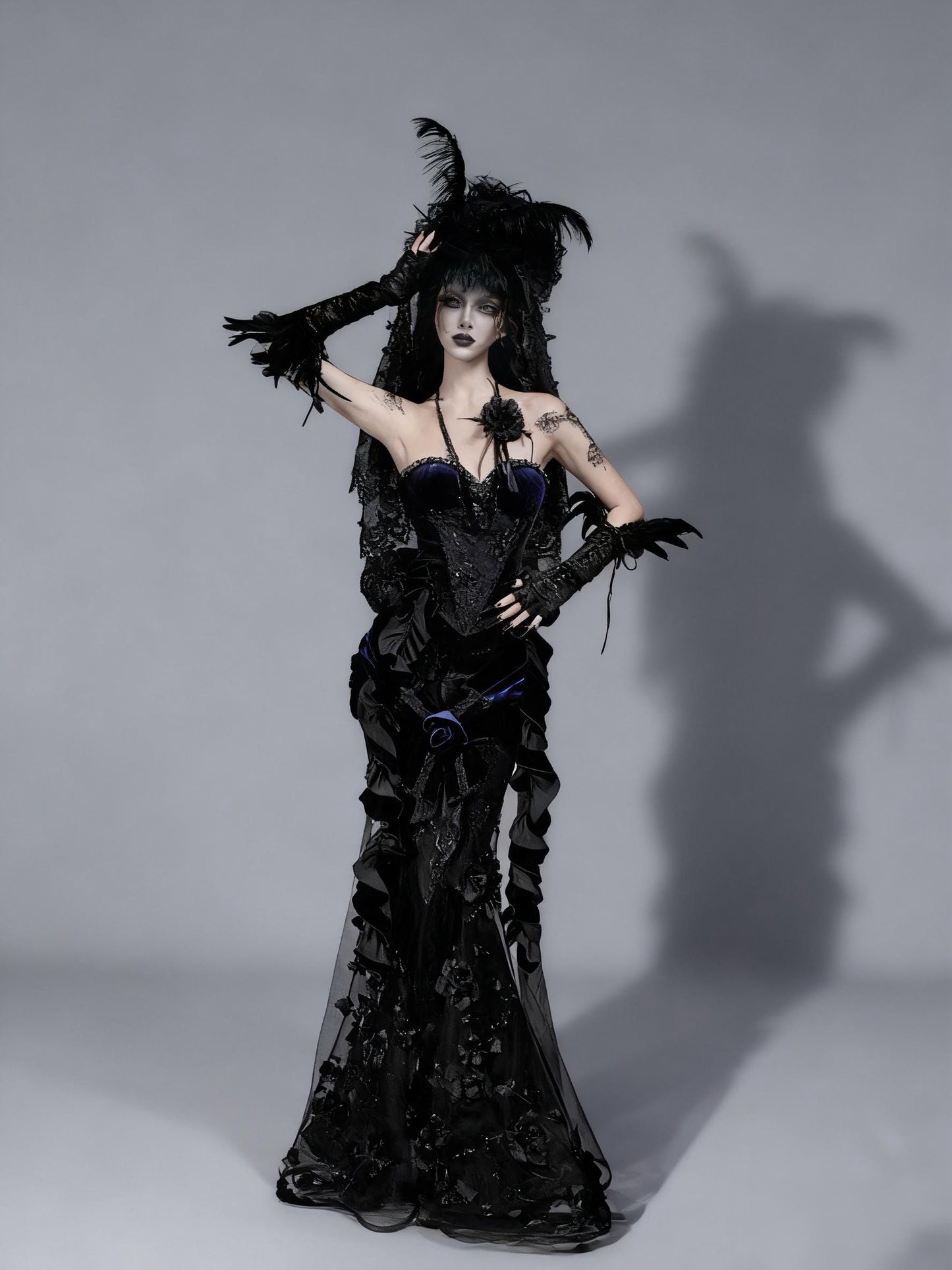 Nocturnal Siren Gothic Two-Piece Set | Velvet Corset & Embroidered Mermaid Skirt, Dark Romance Victorian Outfit, Holiday Gothic Ball Gown