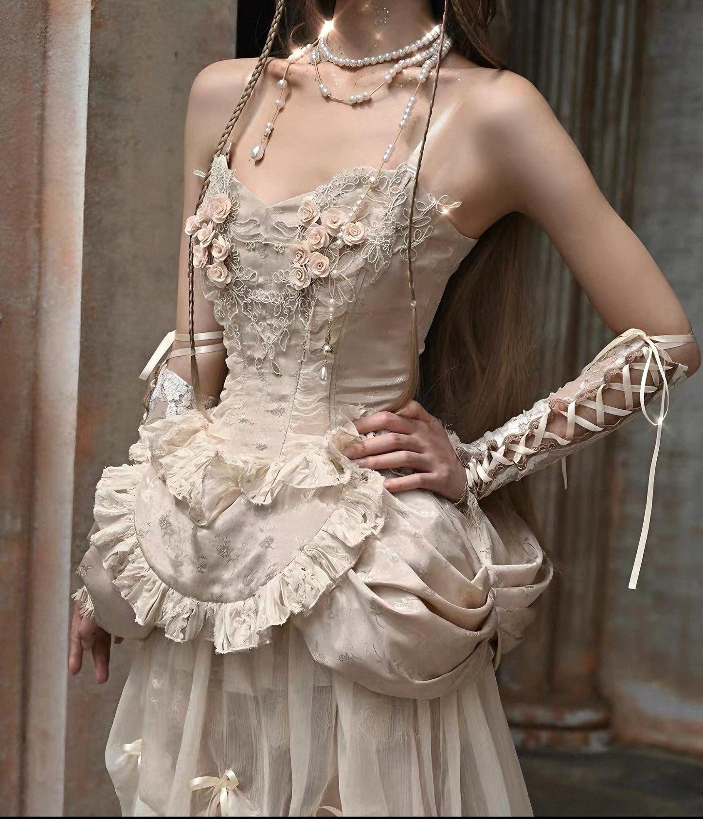 Rococo Blush Garden Corset | 3D Rose Lace Bodice, Fairycore Apron Peplum, Bridal fantasy themes, Xmas & New Year Outfit, Baroque Party Dress