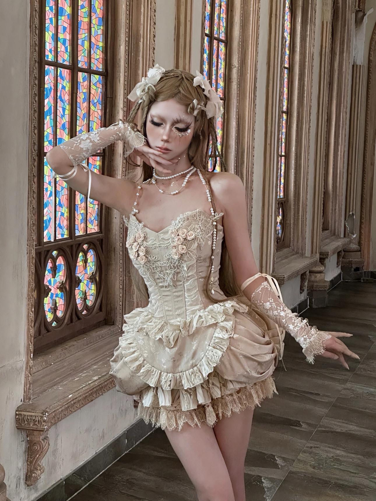 Rococo Blush Garden Corset | 3D Rose Lace Bodice, Fairycore Apron Peplum, Bridal fantasy themes, Xmas & New Year Outfit, Baroque Party Dress