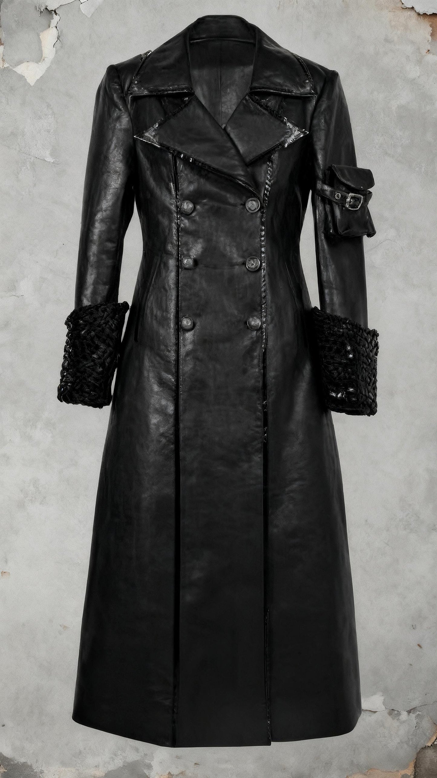 Gothic Black Trench Coat | Double Breasted Vegan Leather Overcoat with Fleece Lining, Steampunk Witch Outerwear, Punk Coat