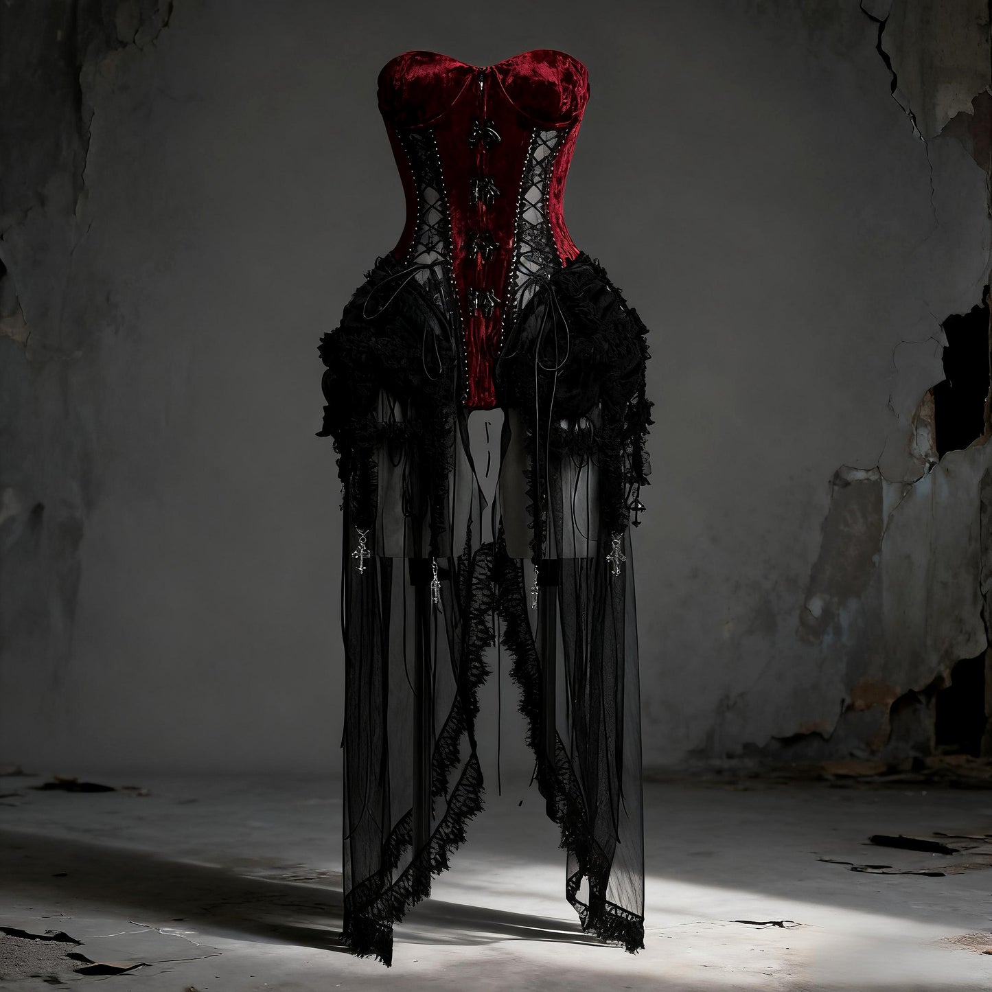 Xmas Countess Gothic Corset 3 Pieces Set, Red Velvet and Black Lace Cage Skirt, Medieval Gothic Bustier with Cross Charms & Baroque Hooks