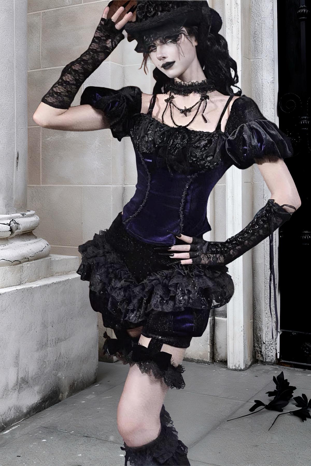 Nocturne Ruffle Bloomers | Gothic Lace Shorts with Detachable Garters, Victorian Baroque Ruffled Lingerie, Dark Romantic Outfit