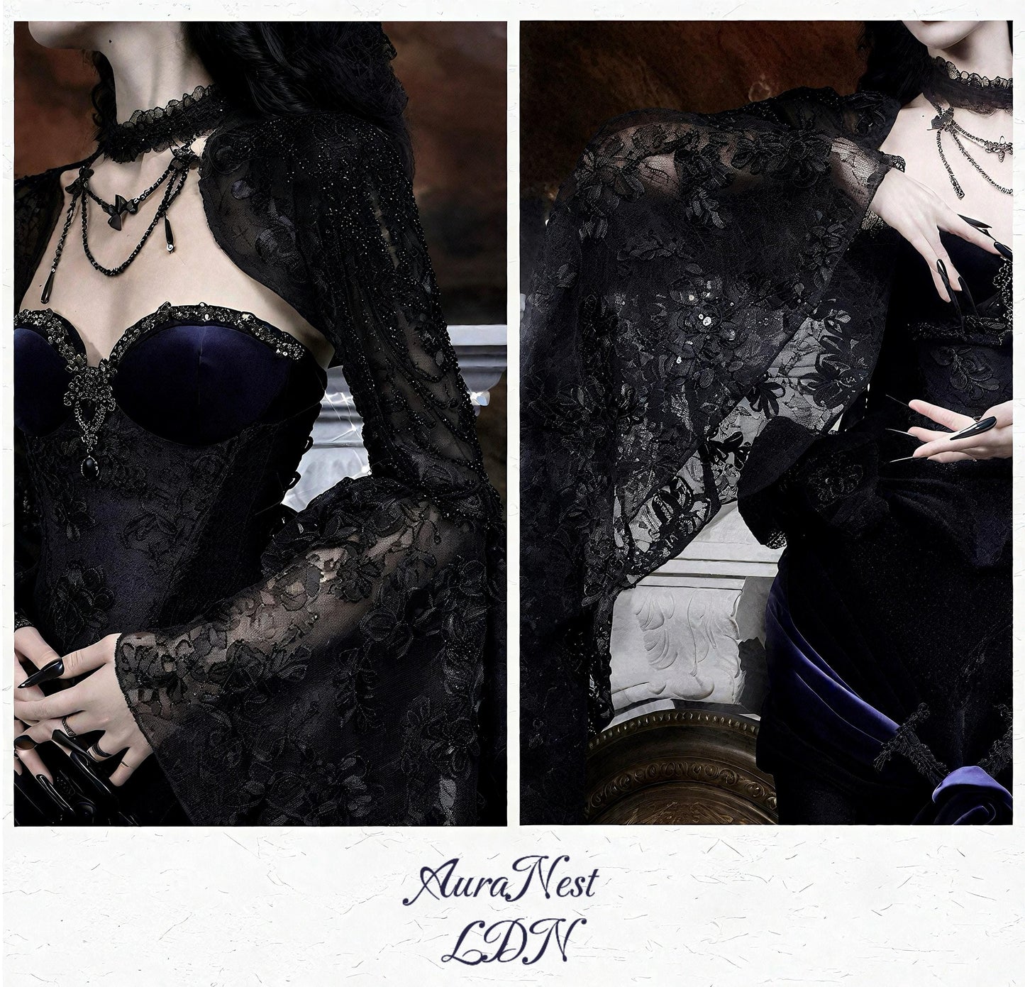 Dark Oracle Lace Bolero, Gothic Bell-Sleeve Shrug, Beaded Embroidered Capelet, Victorian Vampire Shawl, Christmas & New Year Party Cover-Up