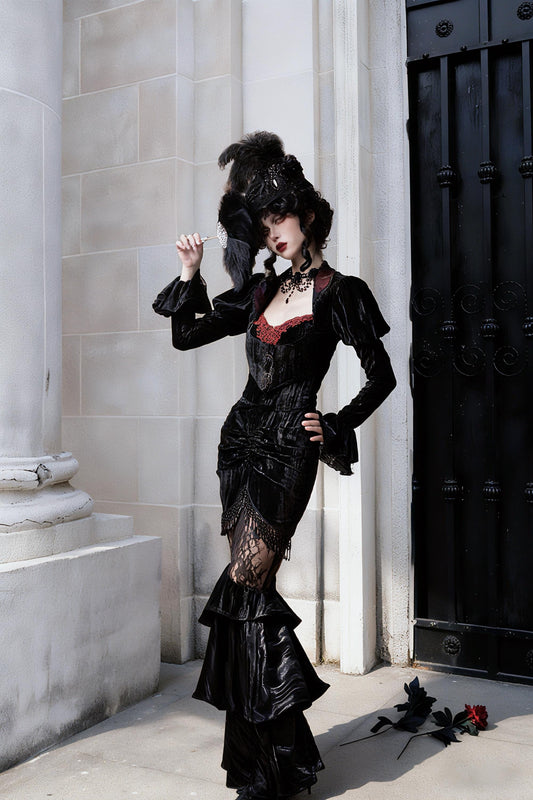 Countess of Dracula Gothic Set | Velvet Vampire Jacket & Lace Mermaid Skirt, Victorian Holiday Outfit, Dark Aristocrat Christmas Costume