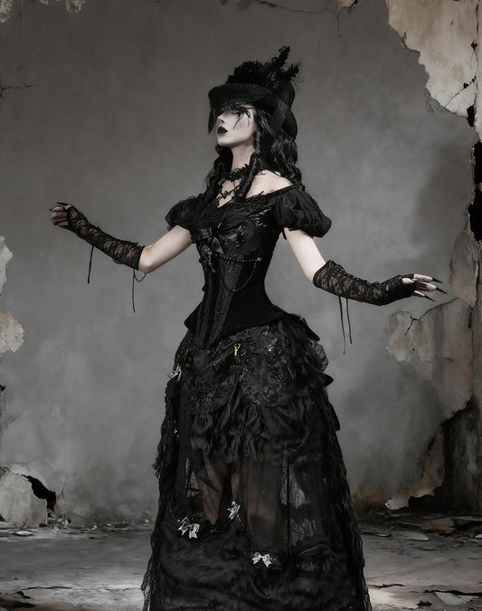 Midnight Empress Gothic 4-Piece Set | Victorian Vampire Corset Dress with Lace Top, Boned Waist Cincher, Hoop Skirt & Bustle Underskirt