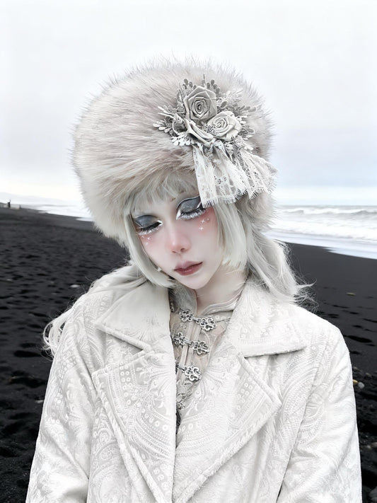 Gothic Faux Fur Winter Hat – Warm Lace Rose Headpiece, Victorian Lolita Cosplay Headdress, Halloween Costume Accessory, gift for cosplayer