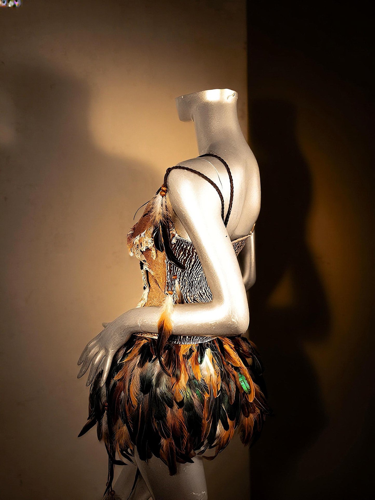 Wild Huntress Feather Costume, Denim & Feathers Ritual Costume, Earth Spirit Feather Corset and Skirts, Warrior Feather, Burningman Outfit