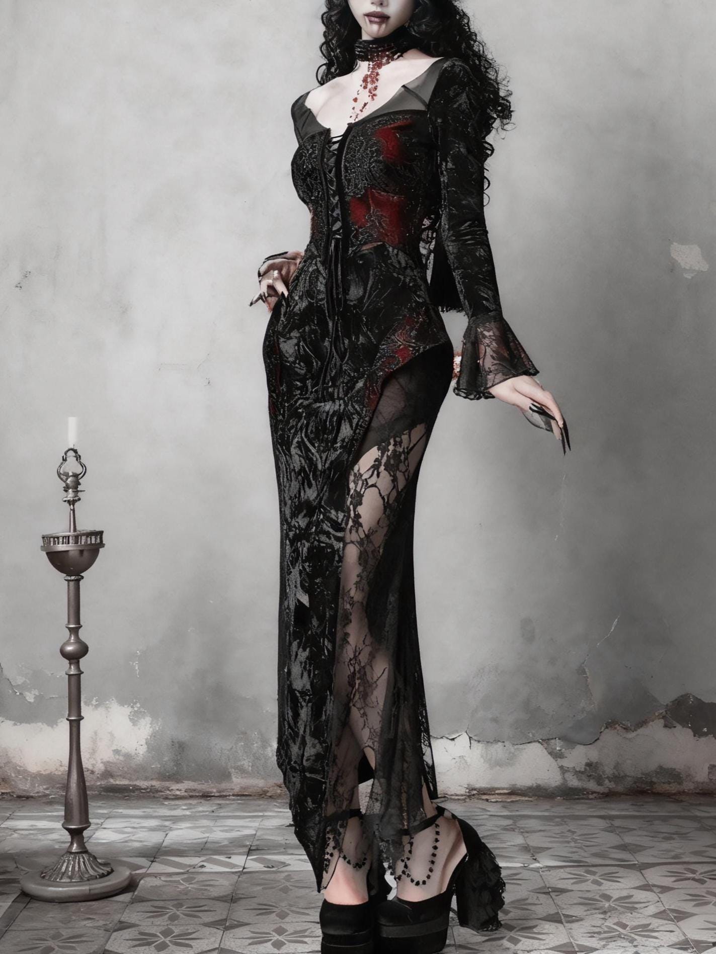 Scarlet Witch Gothic Mermaid Dress – Red Velvet Lace Vampire Gown, Dark Romance Corset Maxi Dress, Holiday Masquerade Outfit, Gift for her