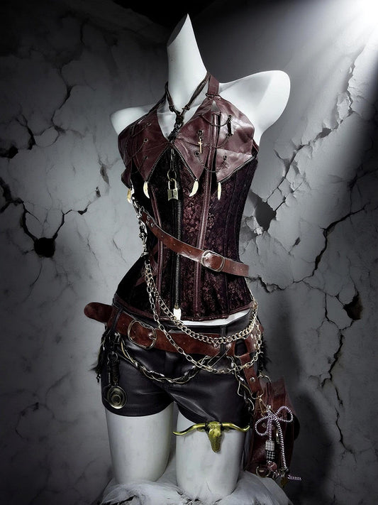 Bolldborne Gothic Pirate Costume: Vegan Leather Corset & Steampunk Shorts, Rave Outfit