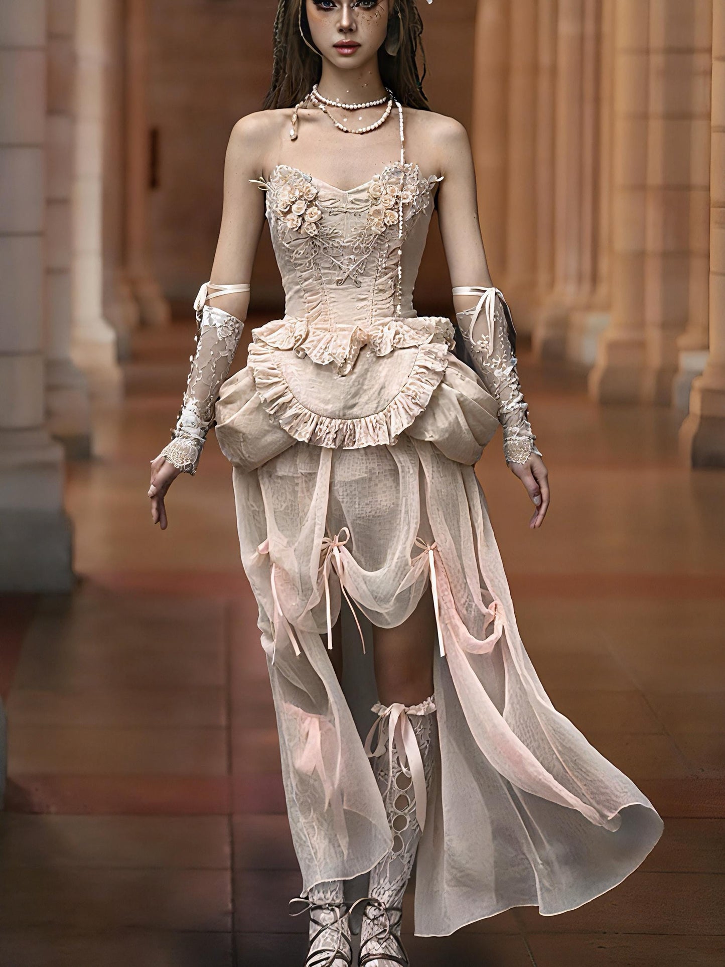 Rococo Blush Garden Corset | 3D Rose Lace Bodice, Fairycore Apron Peplum, Bridal fantasy themes, Xmas & New Year Outfit, Baroque Party Dress