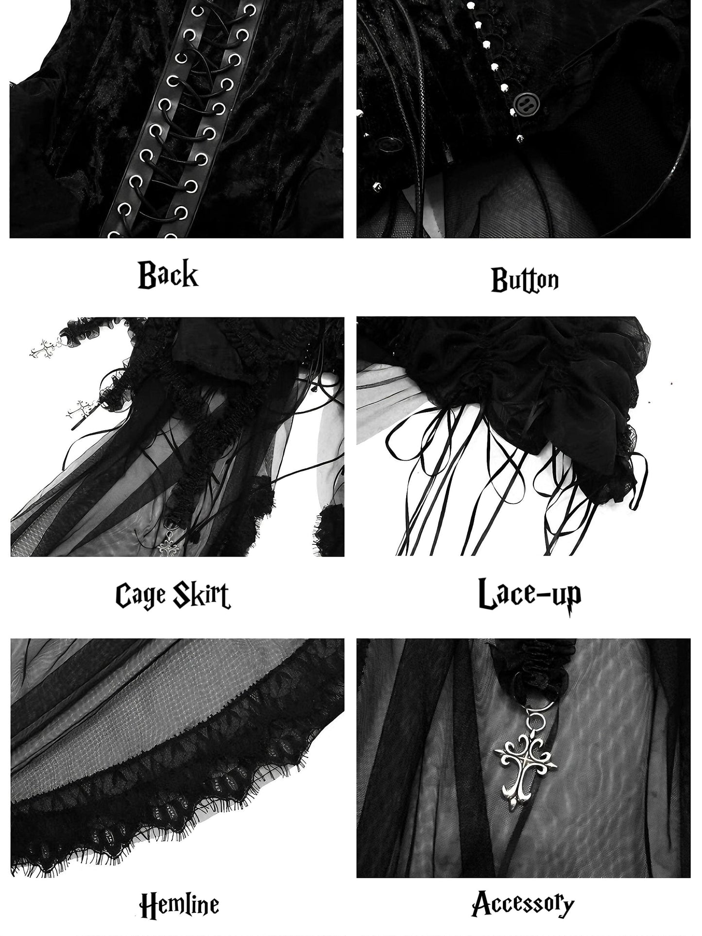 Hell Alice Gothic Corset 3 Pieces Set – Medieval Dark Angel Cage Skirt Burlesque Party Costume, Gift for Cosplayer, The Black Countess, Xmas