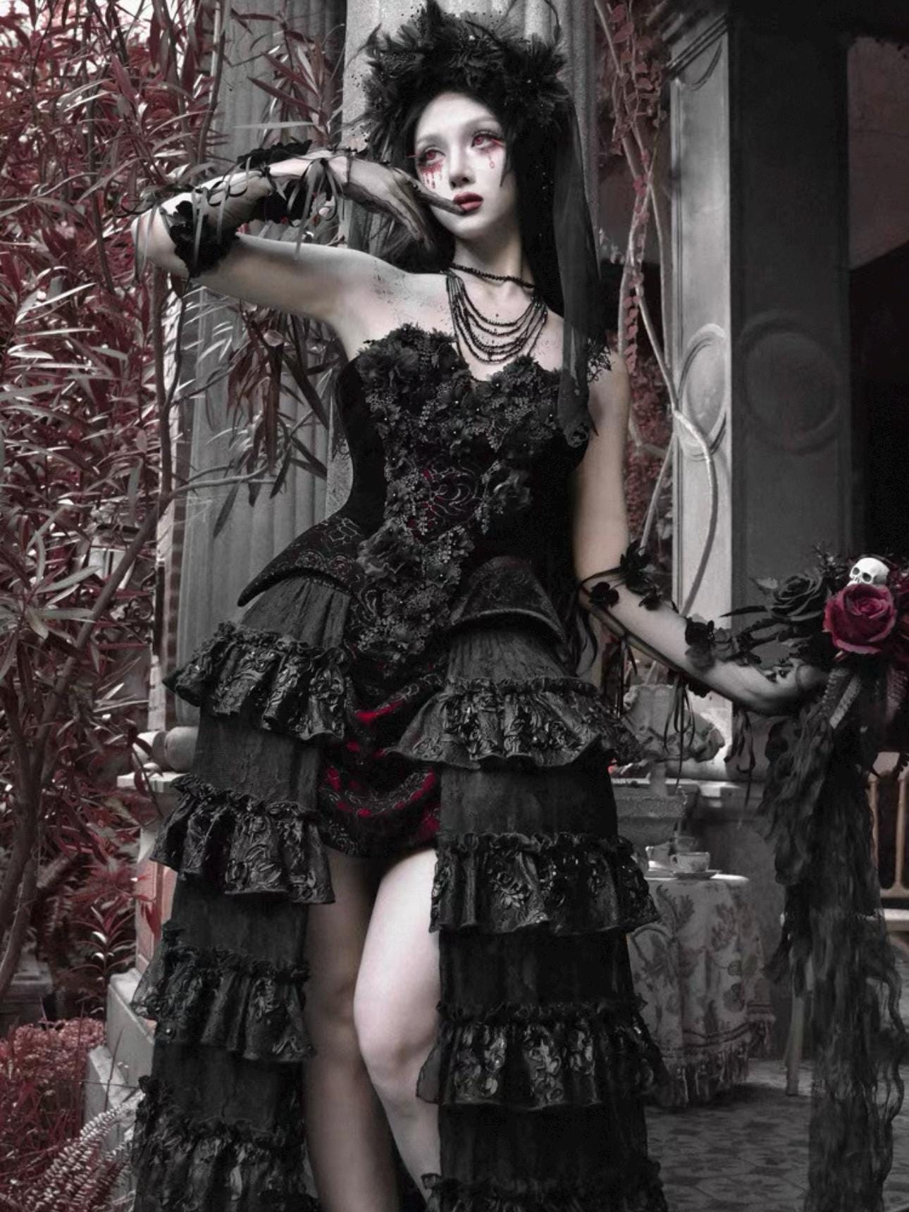 Crimson Widow Gothic Velvet Corset Dress - Victorian Baroque Gown for Christmas Ball, Holiday Gala & New Year Masquerade Party, Gift for Her