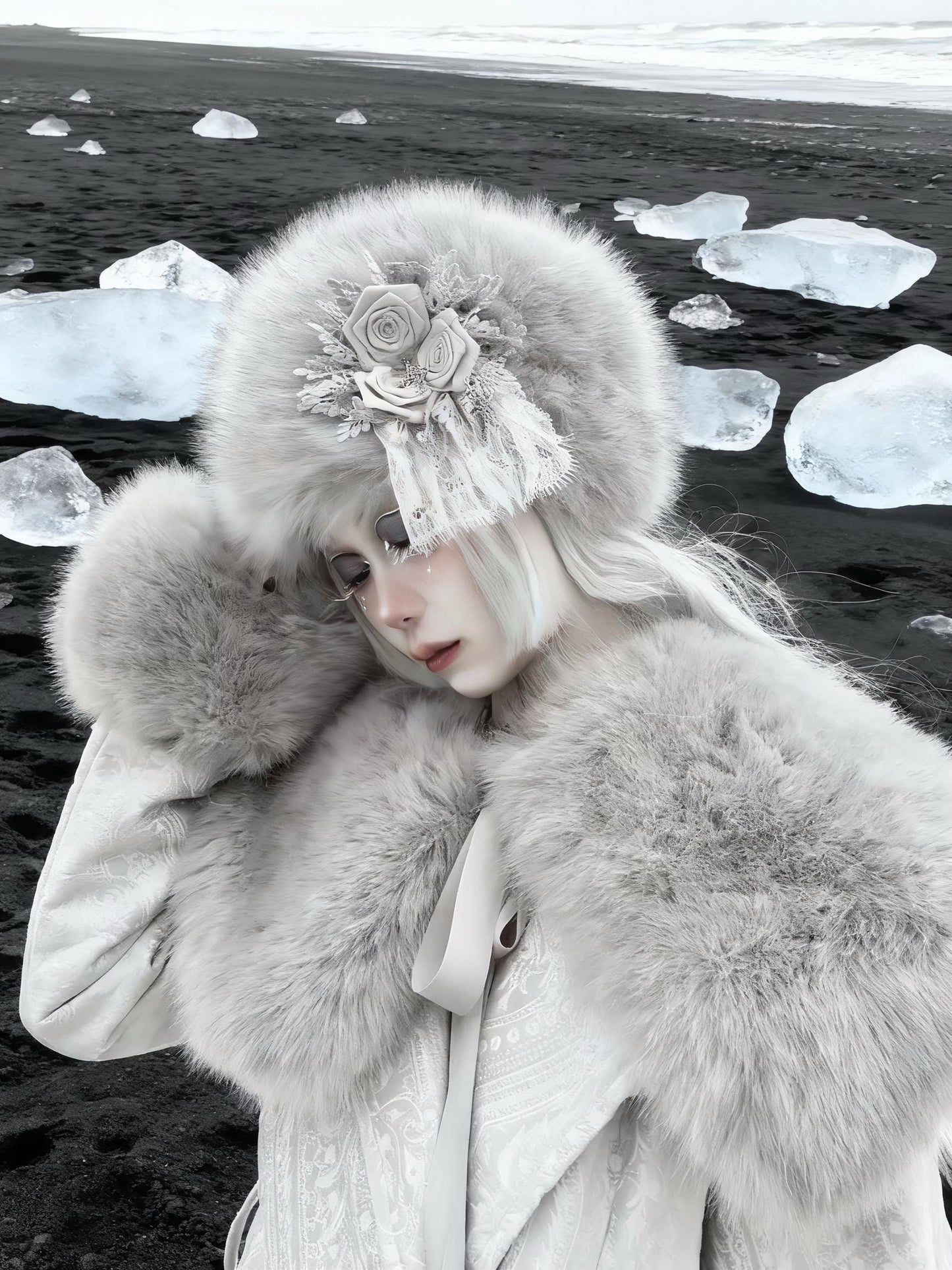 Gothic Faux Fur Winter Hat – Warm Lace Rose Headpiece, Victorian Lolita Cosplay Headdress, Halloween Costume Accessory, gift for cosplayer