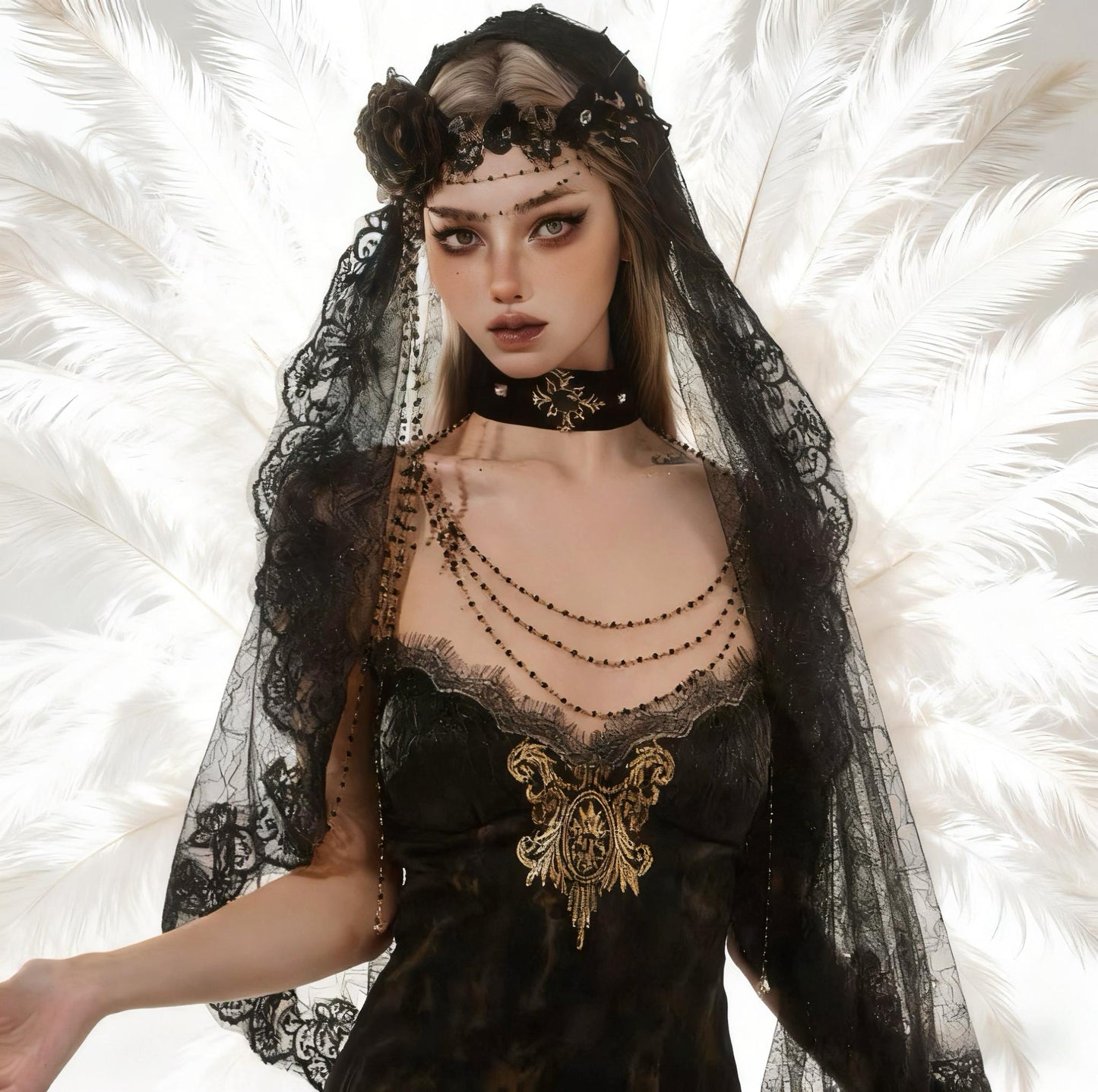 Eclipsed Saint Veil – Gothic Black Lace Veil & Beaded Headpiece Set, Vampire Bride Headdress, Dark Wedding Shawl, Witch Nun Costume