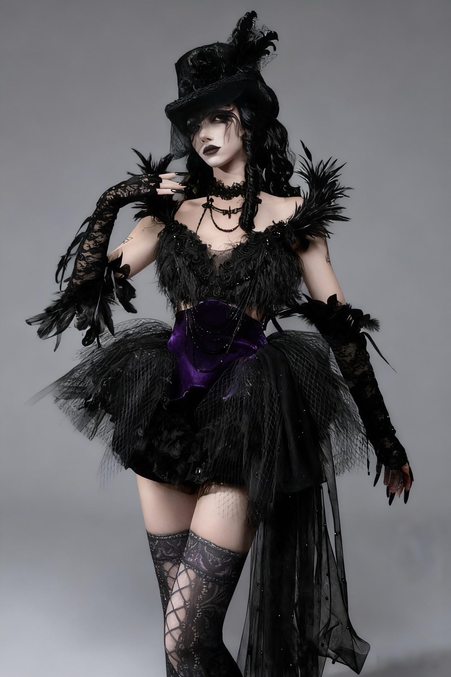 Dark Swan Gothic Feather Tutu Corset Dress with Detachable Beaded Necklace, Black Feather Ballet Dress, Couture Mini Dress