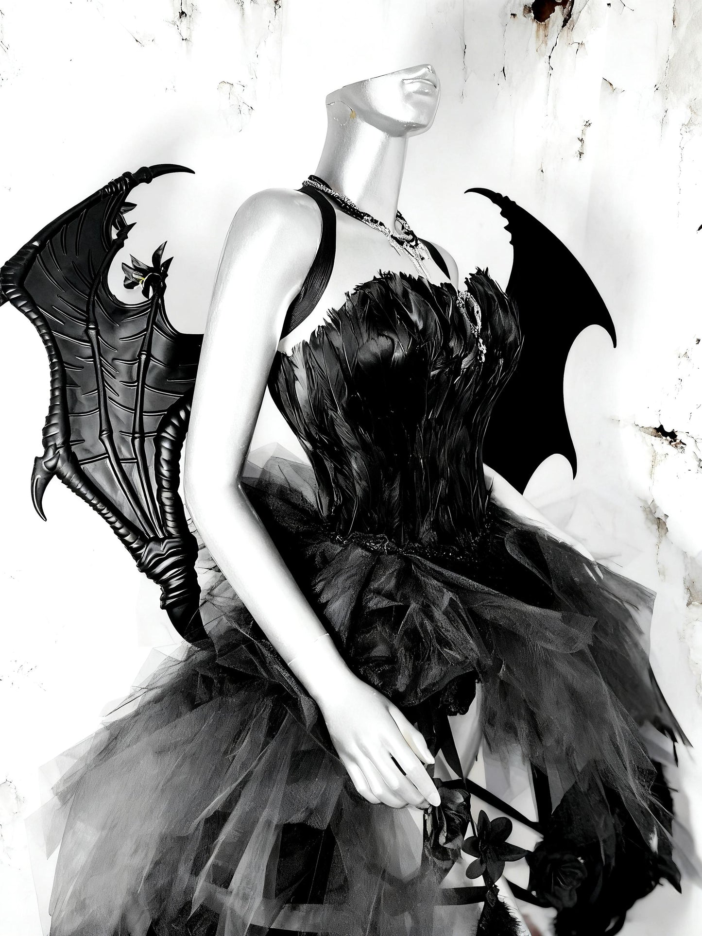 Dark Gothic Rave Festival Outfit – Black Feather Corset Gown with Dragon Wings, Fantasy Cage Skirt Dress for Halloween & Shows, Cosplay