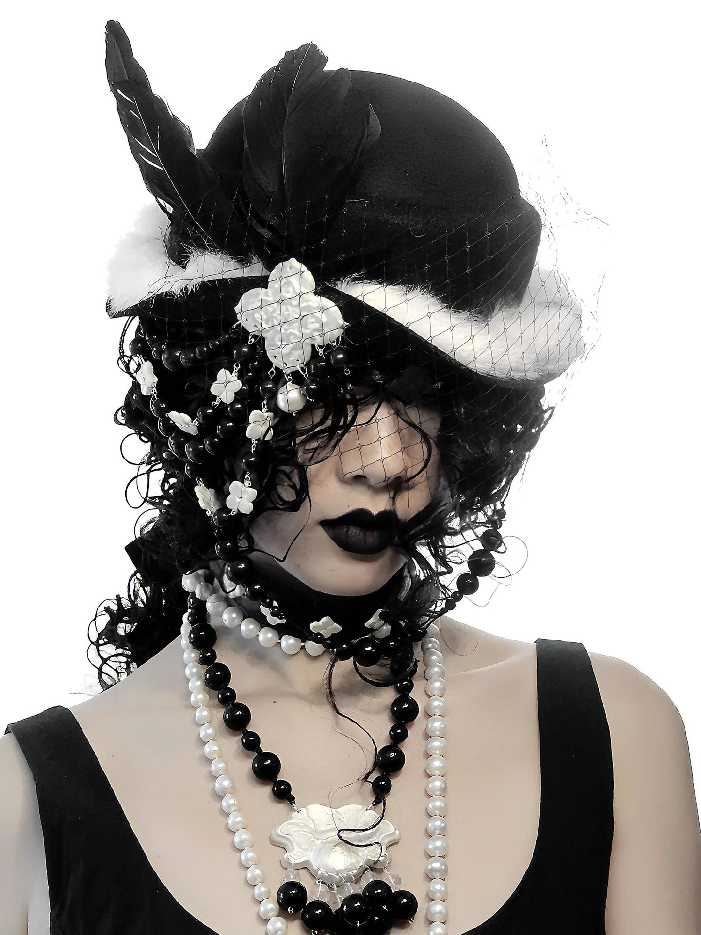 Gothic Wool Veil Hat Fascinator, Ceramic Flower, Feathers, Beaded Drape, Chrisman Victorian Dark Couture - Gothic Wool Veil Hat Fascinator, Ceramic Flower, Feathers, Beaded Drape, Chrisman Victorian Dark Couture - Dorothy