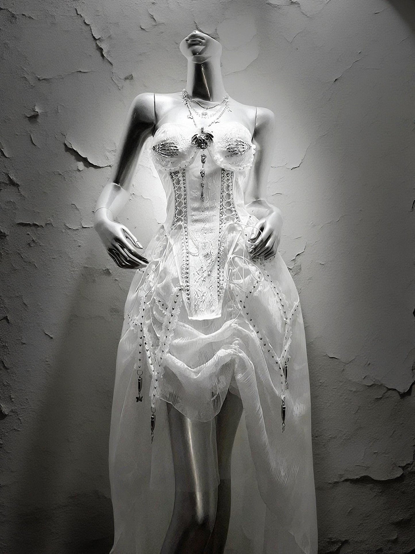 White Gothic Corset: Skull & Butterfly Bustier with Silver Chains, Dark Bride Halloween Costume, Xmas angel Cosplay Outfit