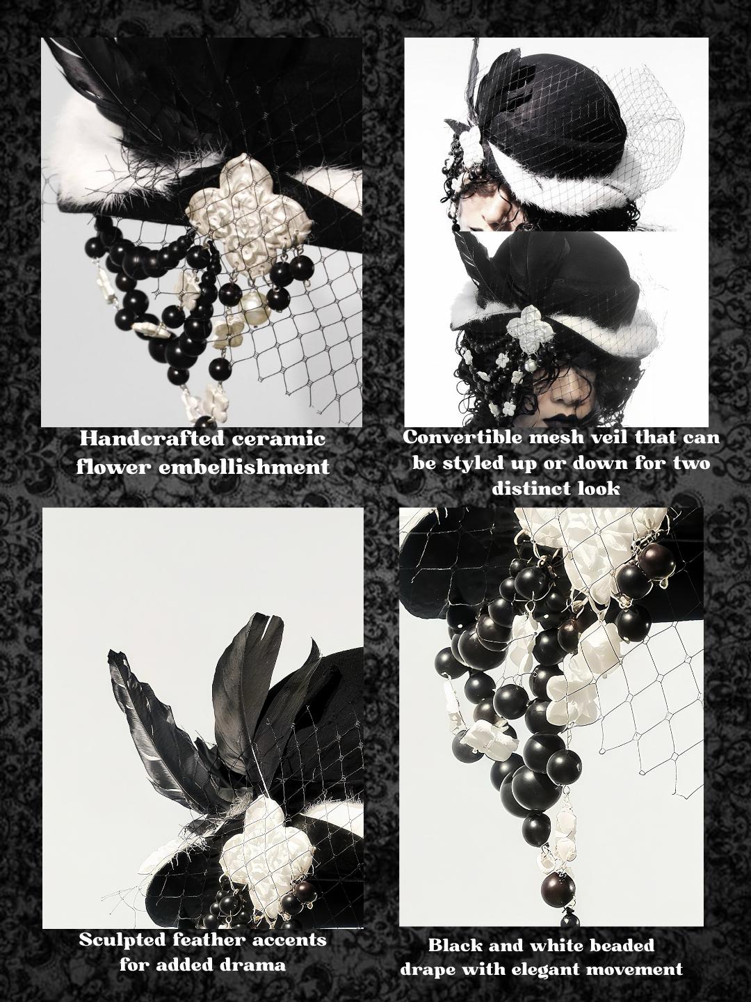Gothic Wool Veil Hat Fascinator, Ceramic Flower, Feathers, Beaded Drape, Chrisman Victorian Dark Couture - Gothic Wool Veil Hat Fascinator, Ceramic Flower, Feathers, Beaded Drape, Chrisman Victorian Dark Couture - Dorothy