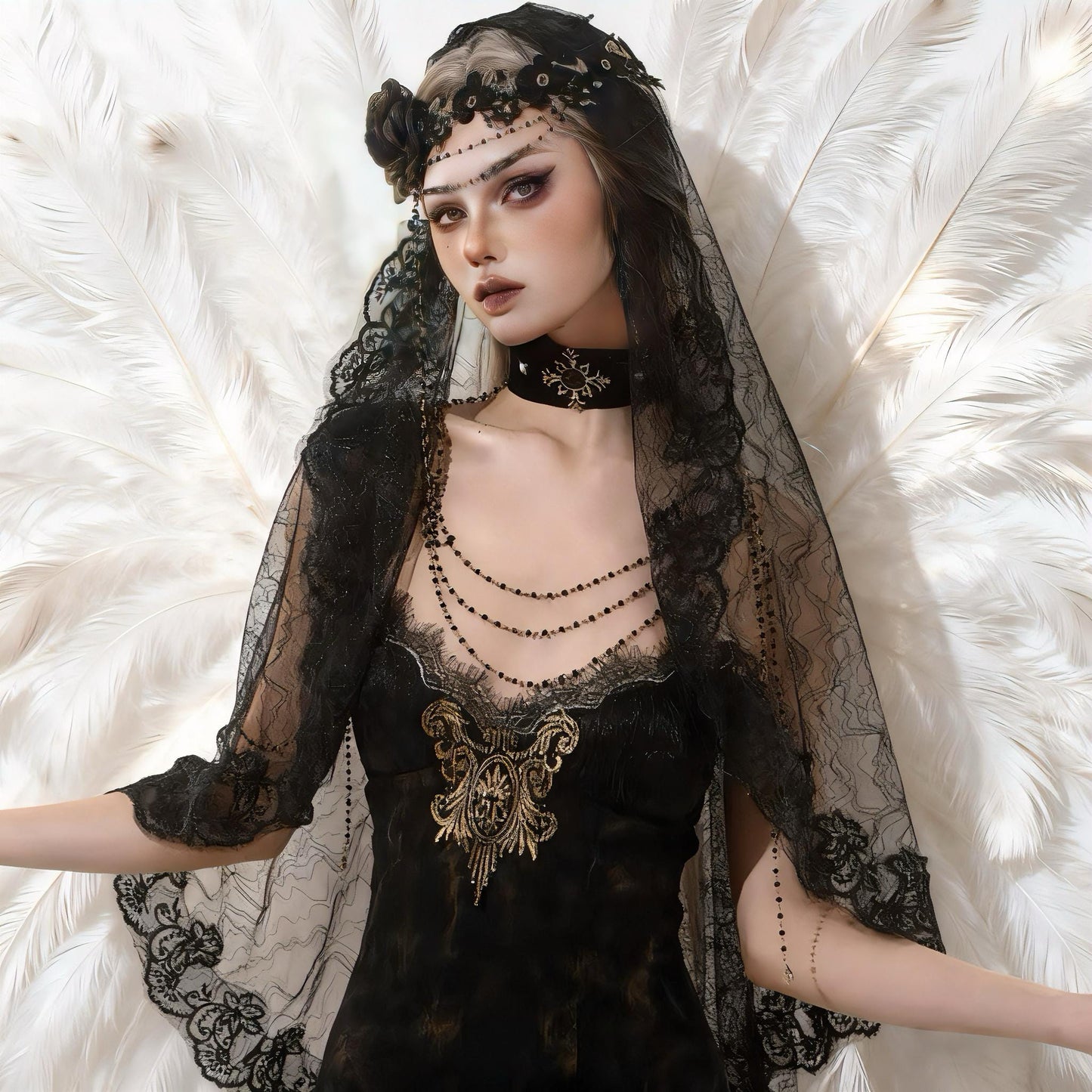 Eclipsed Saint Veil – Gothic Black Lace Veil & Beaded Headpiece Set, Vampire Bride Headdress, Dark Wedding Shawl, Witch Nun Costume