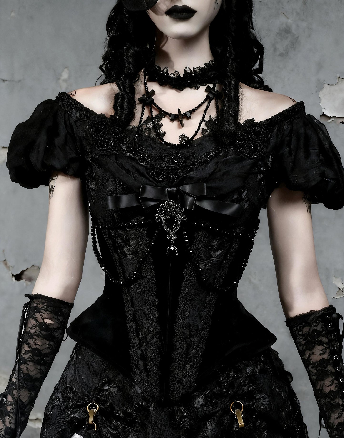 Midnight Empress Gothic 4-Piece Set | Victorian Vampire Corset Dress with Lace Top, Boned Waist Cincher, Hoop Skirt & Bustle Underskirt