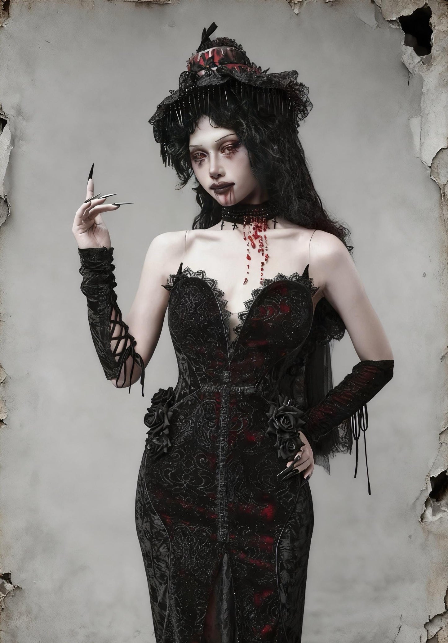 Scarlet Witch Gothic Mermaid Dress | Black Velvet Corset Gown, Dark Red Lace Evening Dress, Holiday Vampire Ball Outfit