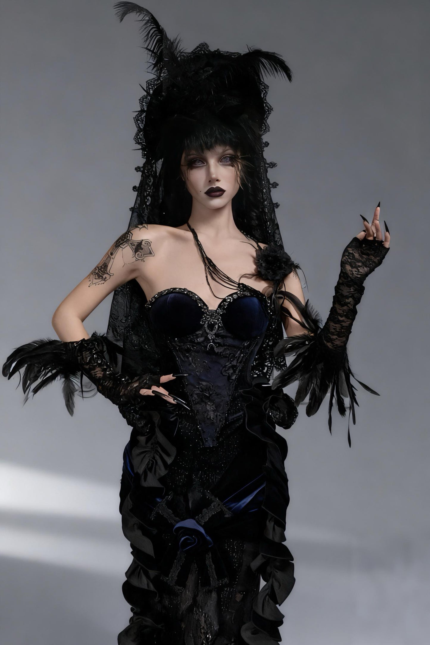 Nocturnal Siren Gothic Two-Piece Set | Velvet Corset & Embroidered Mermaid Skirt, Dark Romance Victorian Outfit, Holiday Gothic Ball Gown
