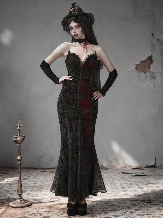 Scarlet Witch Gothic Mermaid Dress | Black Velvet Corset Gown, Dark Red Lace Evening Dress, Holiday Vampire Ball Outfit