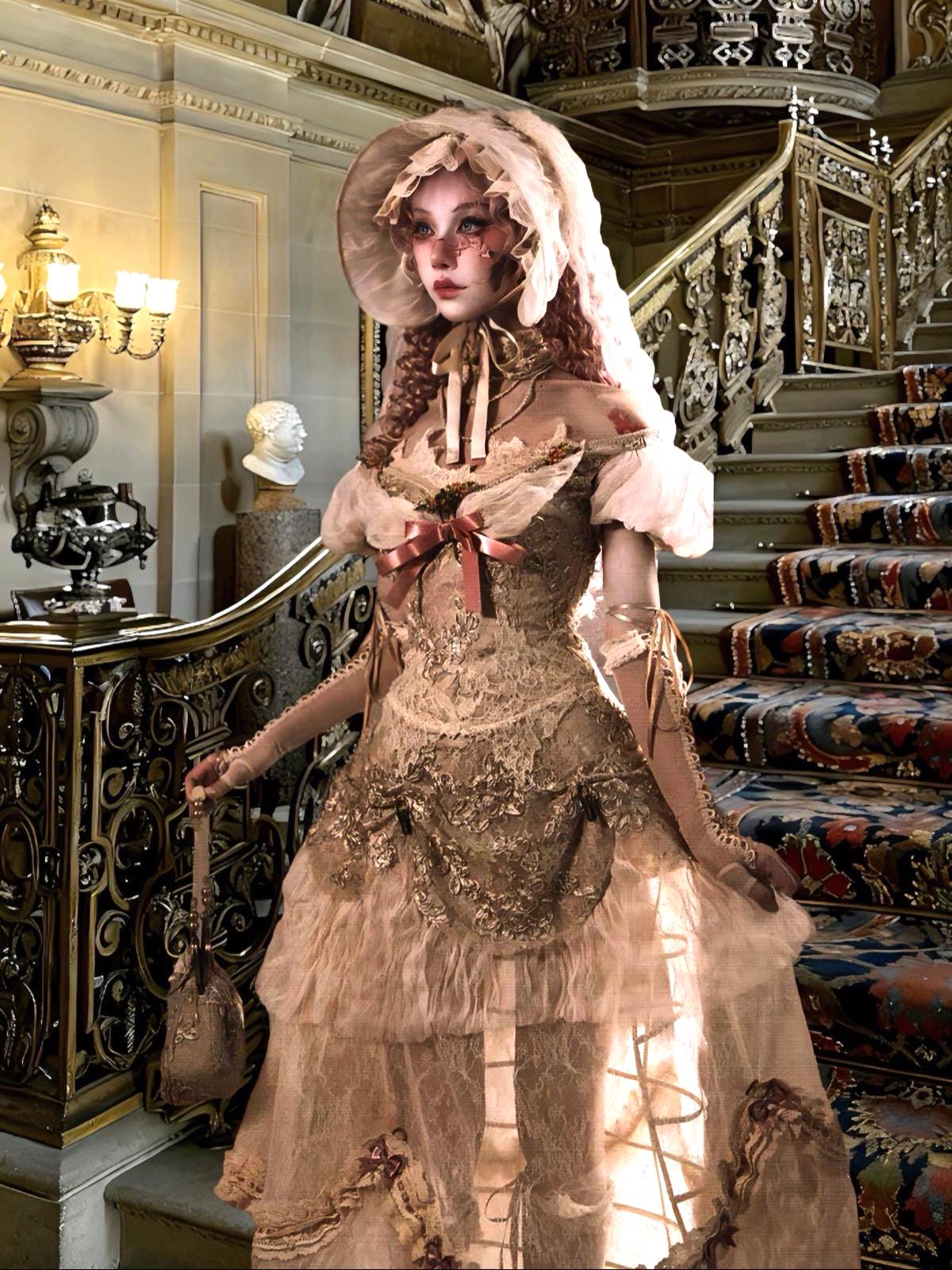 Baroque Blush Garden Lace Ball Gown with Bustle | Rococo Beige Pink Dress, Victorian Christmas Outfit, New Year Gala Historical Gown