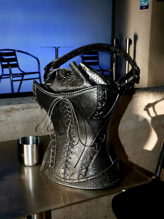 Gothic Snake Corset Bag, Black Serpent Leather Tote, Dark Fantasy Shoulder Purse, Gothic Queen Handbag, Fetish Punk Accessories
