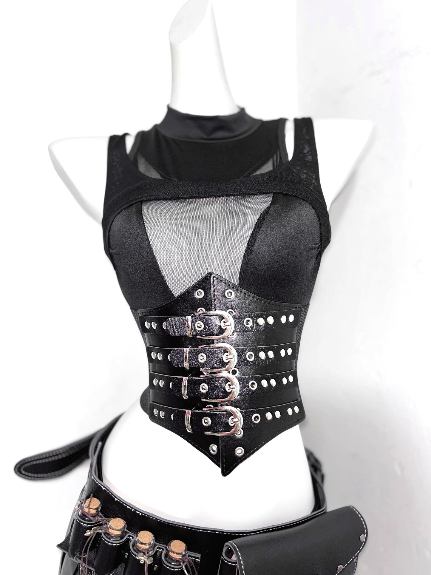 Medieval Bolldborne PU Leather Gothic Costume: Sheer Top, Corset Belt & Skirt with Potion Bottle Pockets, Fantasy Cosplay Halloween Outfit