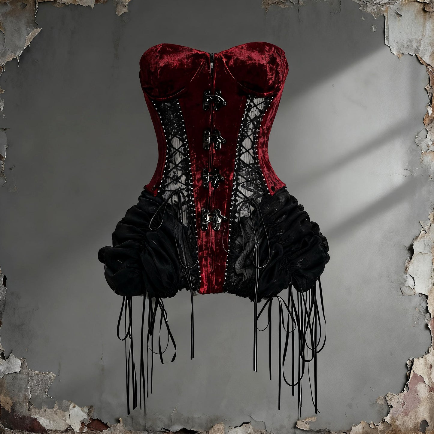 Xmas Countess Gothic Corset 3 Pieces Set, Red Velvet and Black Lace Cage Skirt, Medieval Gothic Bustier with Cross Charms & Baroque Hooks