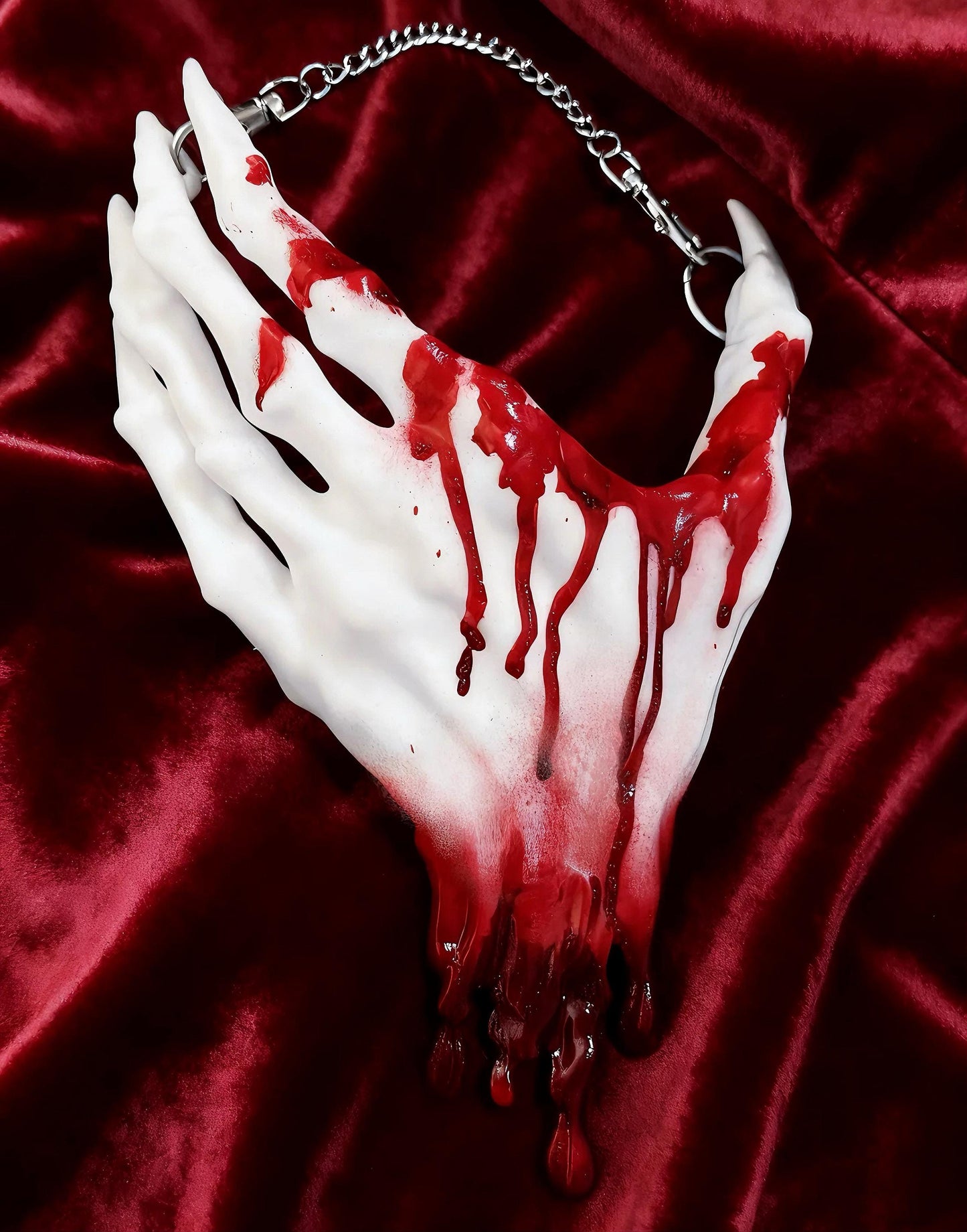 Gothic Skeleton Hand Necklace – 3D Printed Resin Statement Choker with Alloy Chain, Dripping Blood White or Black, Horror Art Jewelry, Rave