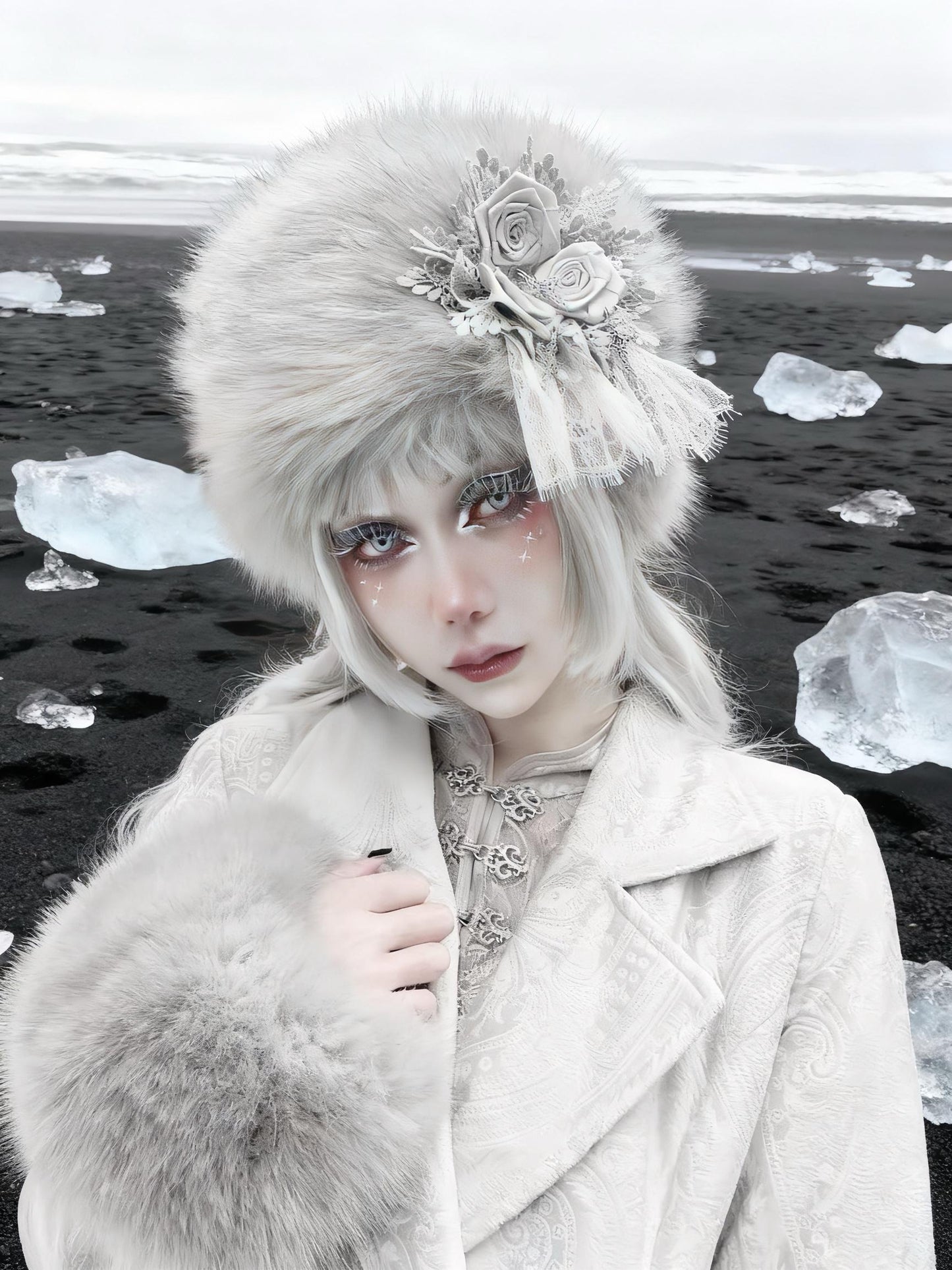 Gothic Faux Fur Winter Hat – Warm Lace Rose Headpiece, Victorian Lolita Cosplay Headdress, Halloween Costume Accessory, gift for cosplayer