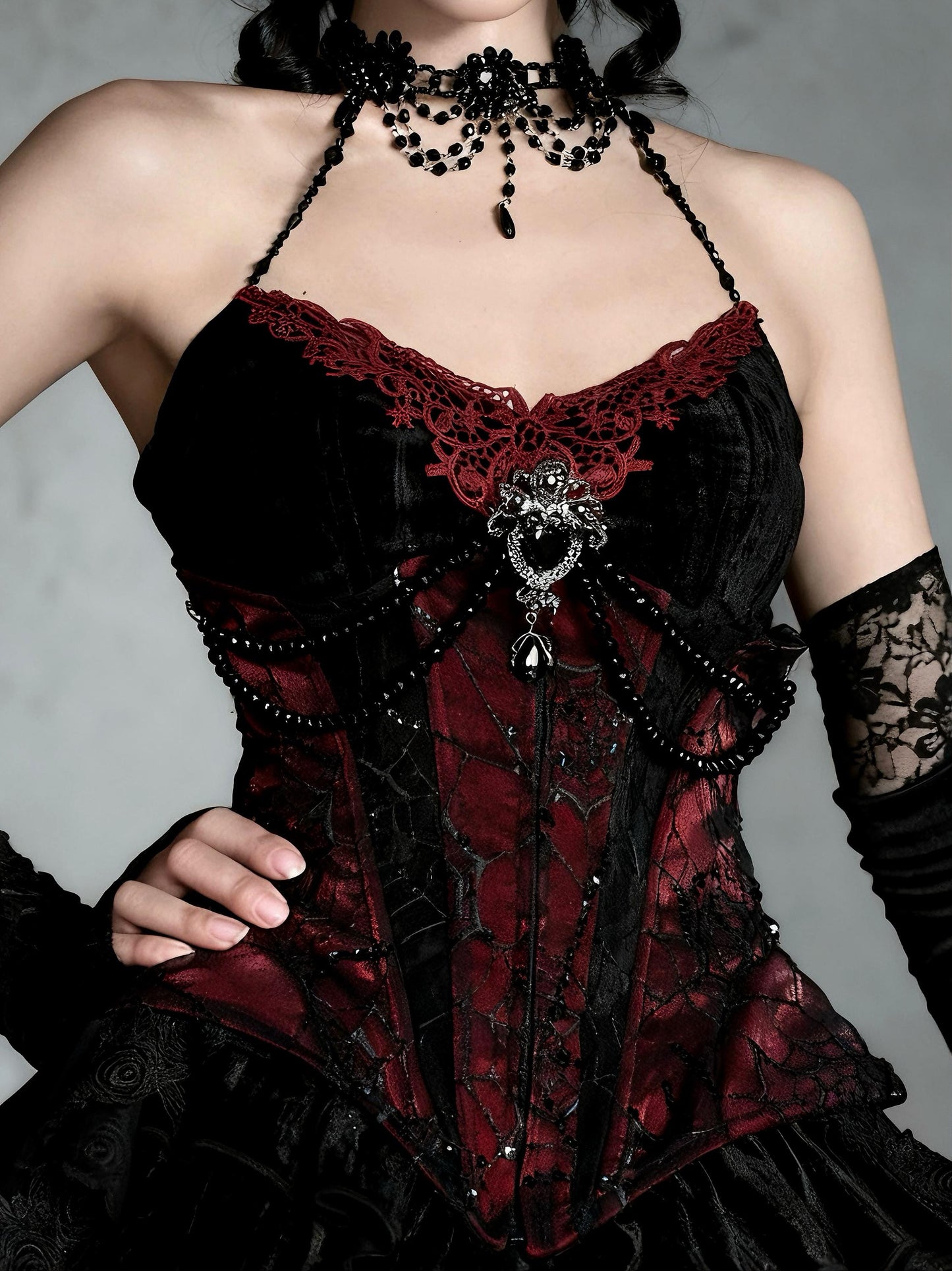 Countess of Dracula Gothic Corset Dress with Choker, Red Velvet Lace Vampire Costume, Victorian Gothic Corset Top & Layered Mesh Skirt