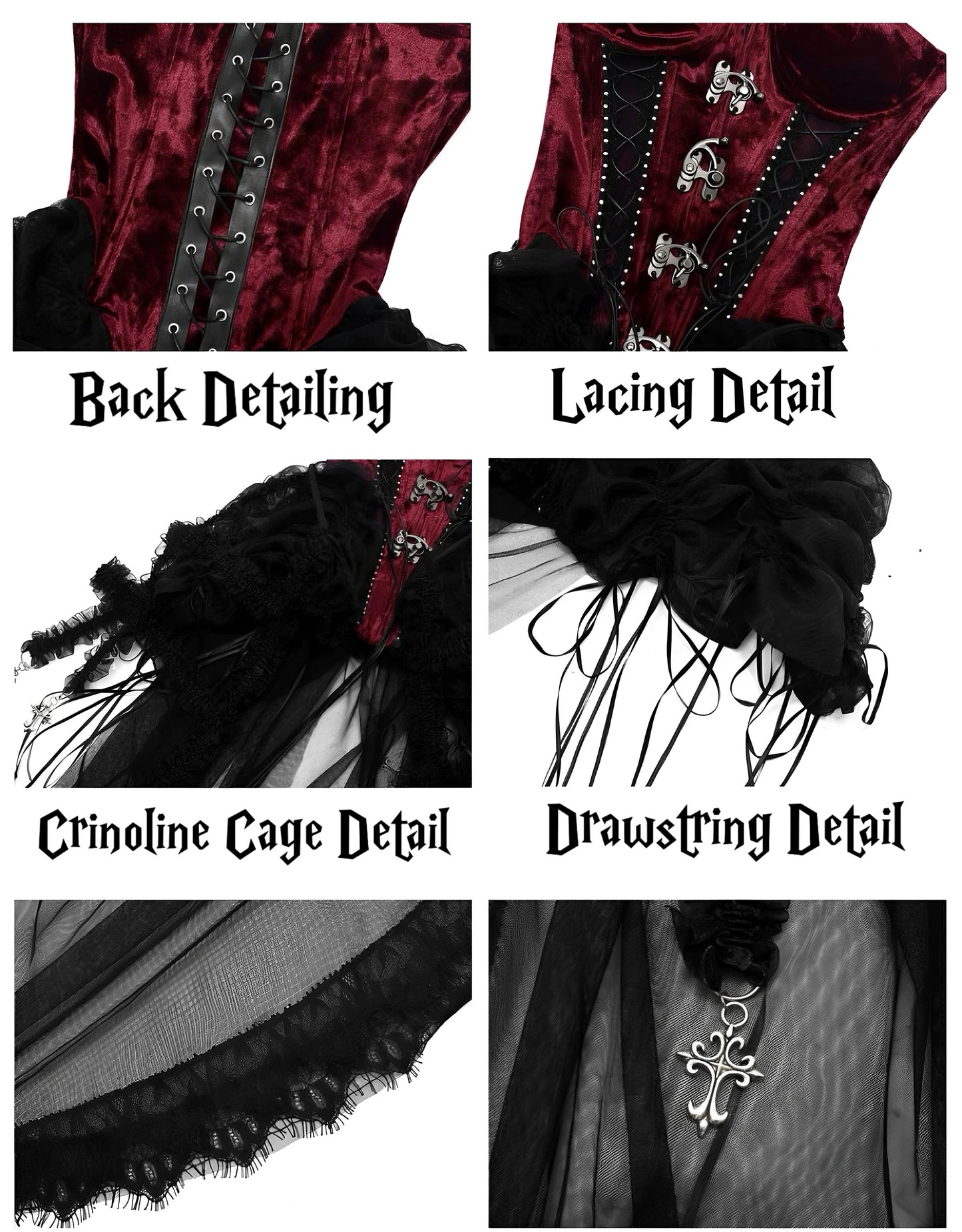 Xmas Countess Gothic Corset 3 Pieces Set, Red Velvet and Black Lace Cage Skirt, Medieval Gothic Bustier with Cross Charms & Baroque Hooks