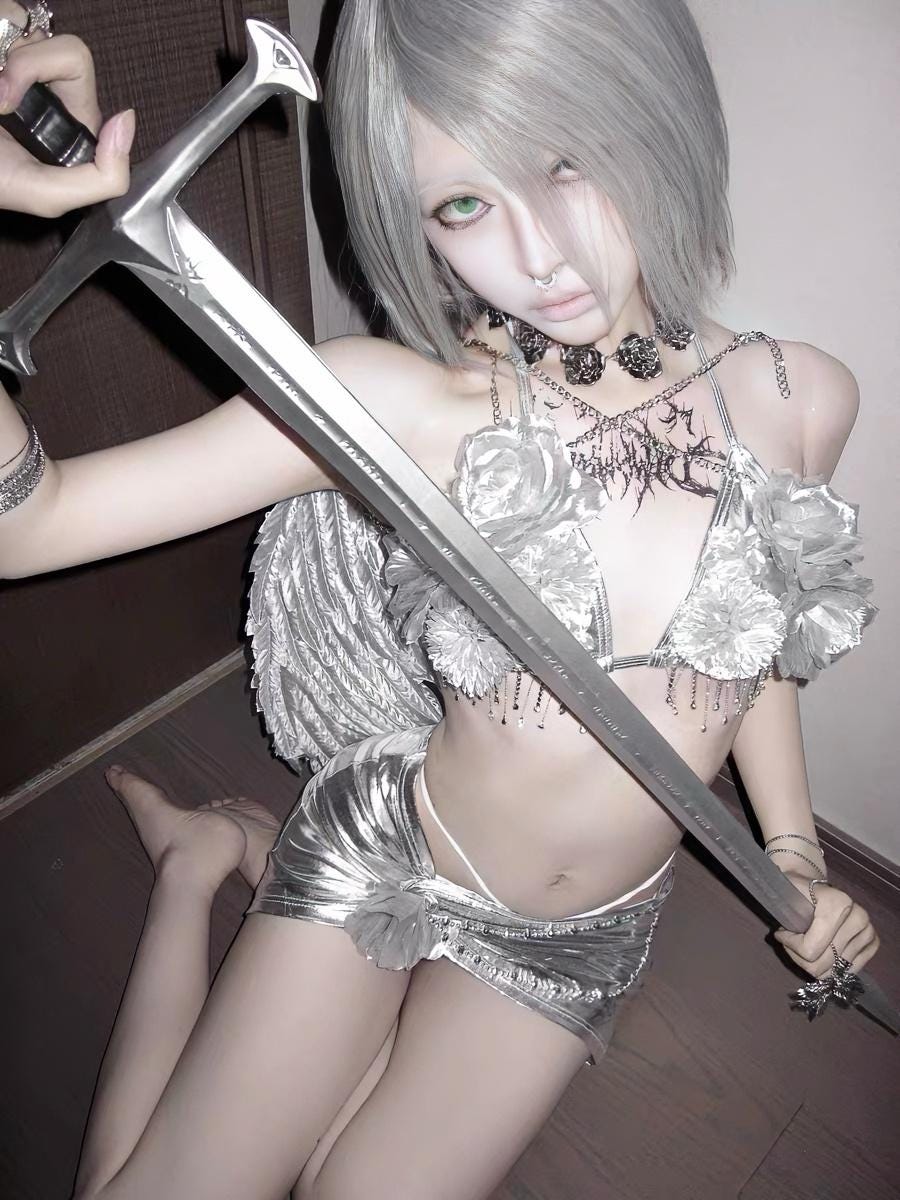 Silver Angel Rave Outfit – 3 Piece Set with Wings, Metallic Bra Skirt & Panties, Fairy Cosplay Festival Costume, Y3K, Ravewear, Burningman.