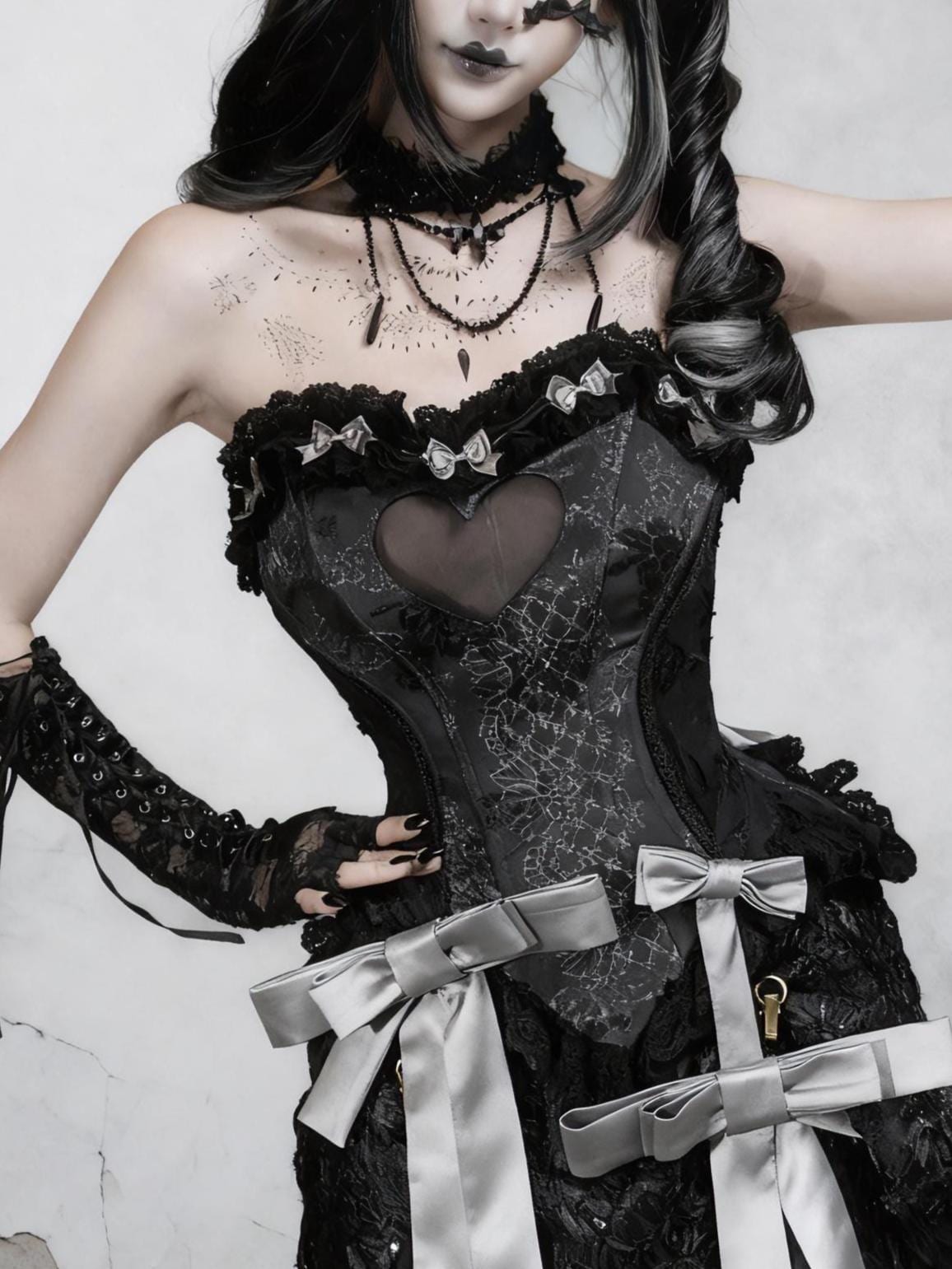 Gothic Black Heart Corset Top – Sheer Mesh Bustier with Jacquard Fabric & Cotton Lace Trim Dark Romantic Lace Up Corset, Gift for Cosplayer